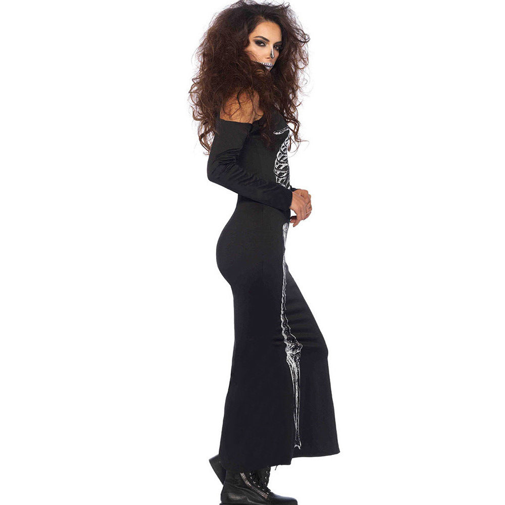 Adults Women Sexy Off Shoulder Skeleton Halloween Cosplay Costume Long Dress