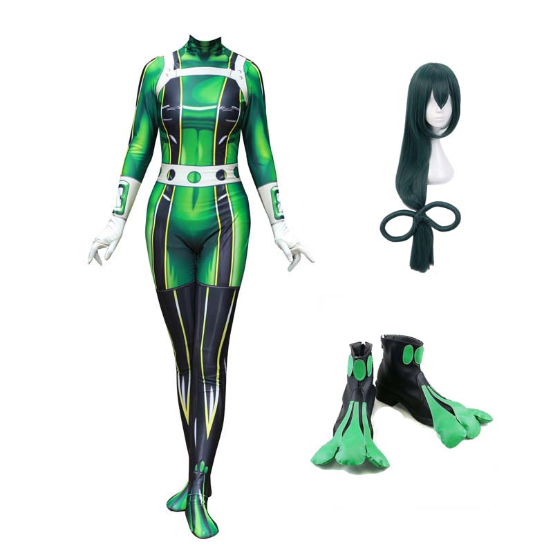 Tsuyu Asui Hero Costume +Wigs+Shoes Froppy  Fighting Suit Cosplay Costume Full Set For Adults and Kids