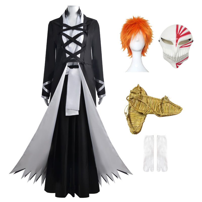 Ichigo Kurosaki Fullbring Bankai Costume With Wigs+Straw Sandals Shoes+Mask+Socks Halloween Cosplay Outfit Whole Set