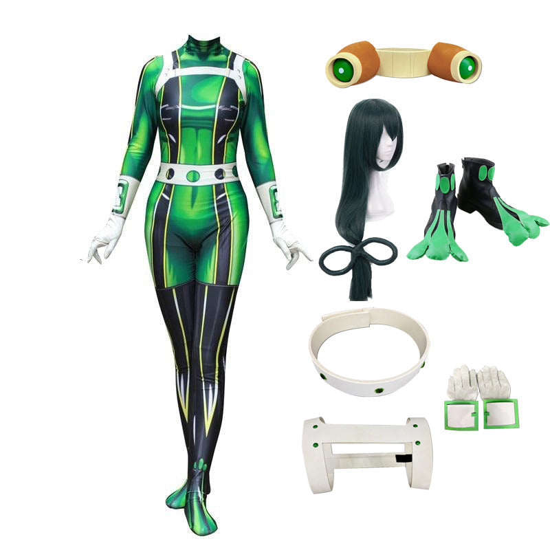 Tsuyu Asui Hero Costume+Props+Glasses+Wigs+Shoes Froppy Full Set Halloween Costume Outfit