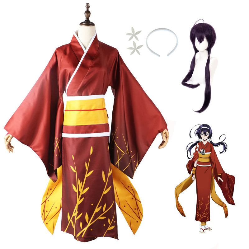 Anime Bungou Stray Dogs Izumi Kyouka Red Kimono Costume and Wigs Full Set Halloween Costume Outfit