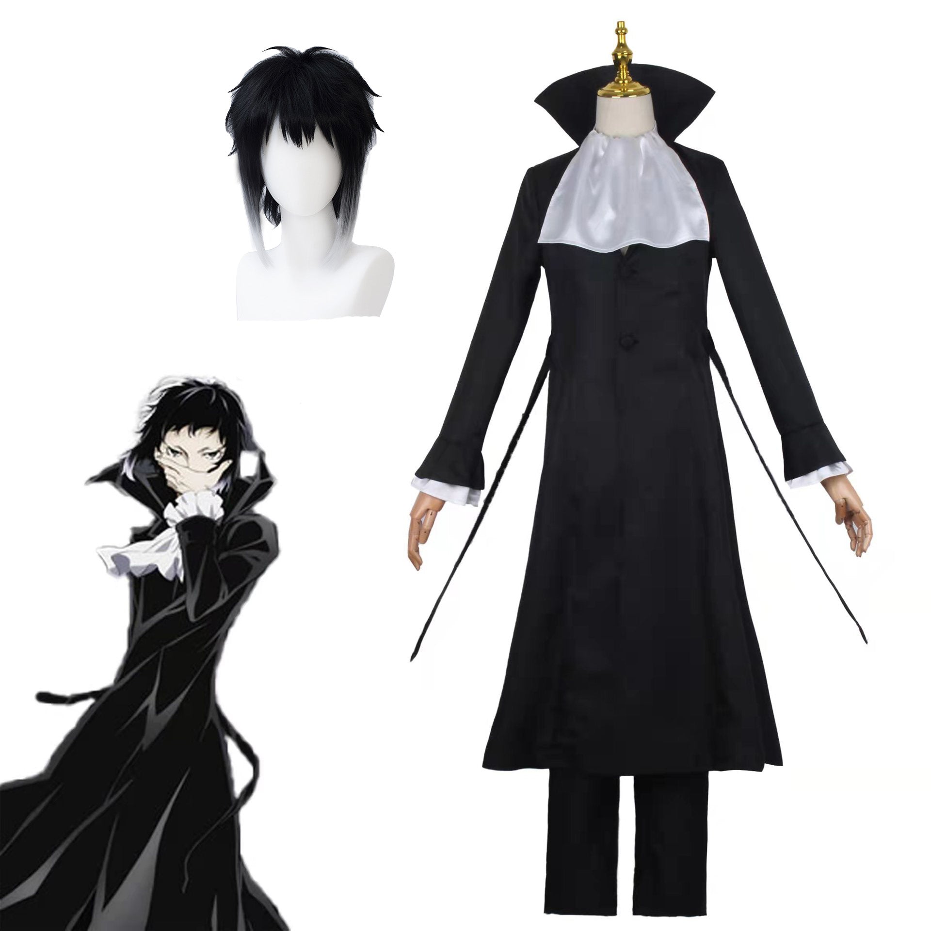 Anime Bungou Stray Dogs Ryunosuke Akutagawa Costume+Wigs Whole Set Halloween Cosplay  Outfit Set