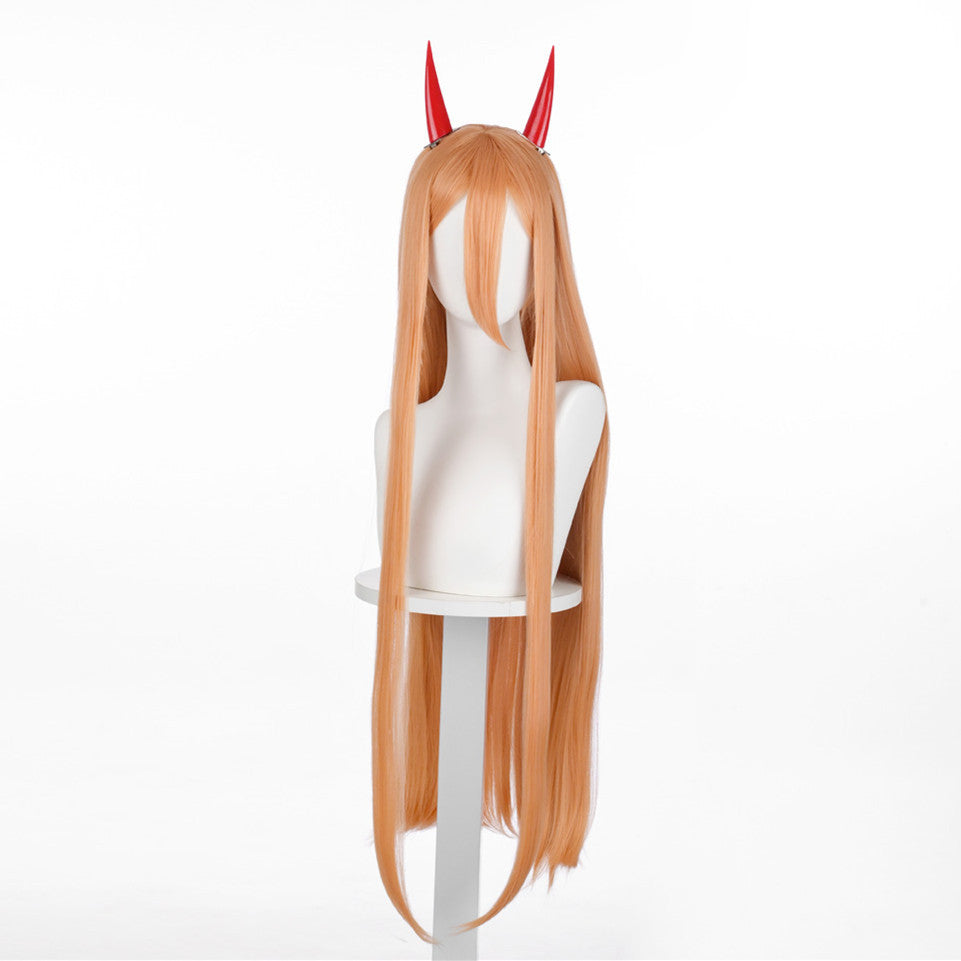Blood Fiend Power Costume Wigs Cosplay Long Orange Wigs With Horns Hairpins