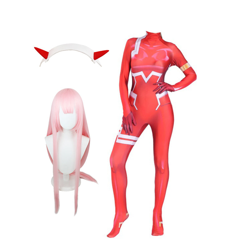 Anime Darling in the Franxx 015 Ichigo/Zero Two 002 Jumpsuit+Wigs Full Set Zentai Costume Outfit