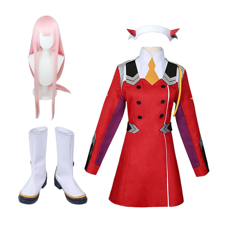 Anime Darling in the Franxx Zero Two 002 Full Set Cosplay Red Uniform+Wigs+Cosplay Boots Halloween Cosplay Outfit Set