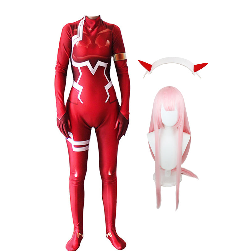 Anime Darling in the Franxx Zero Two 002 Red Jumpsuit Costume With Wigs and Headband Full Set Halloween Costume Zentai
