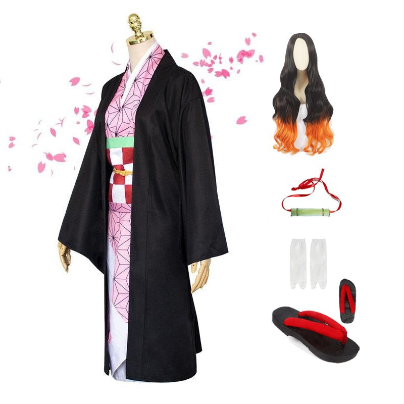 Anime Costume Kamado Nezuko Full Set Cosplay Costume With Wigs and Wooden Clogs Shoes Halloween Costume Outfit Set