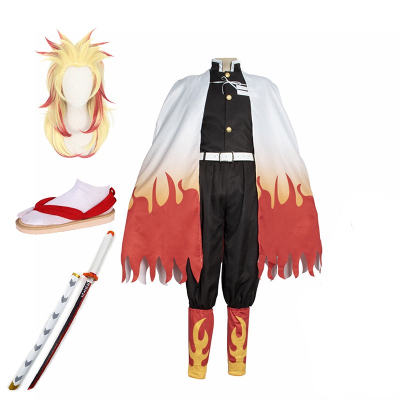 Anime Kyojuro Rengoku Whole Set Costume Uniform+Wigs+Shoes+Weapon Sword Cosplay Outfit Set