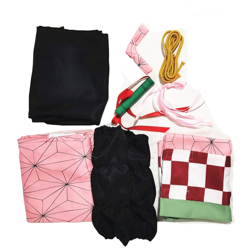 Anime Nezuko Kamado Cosplay Costume With Wigs and Horns Props Full Set Halloween Costume