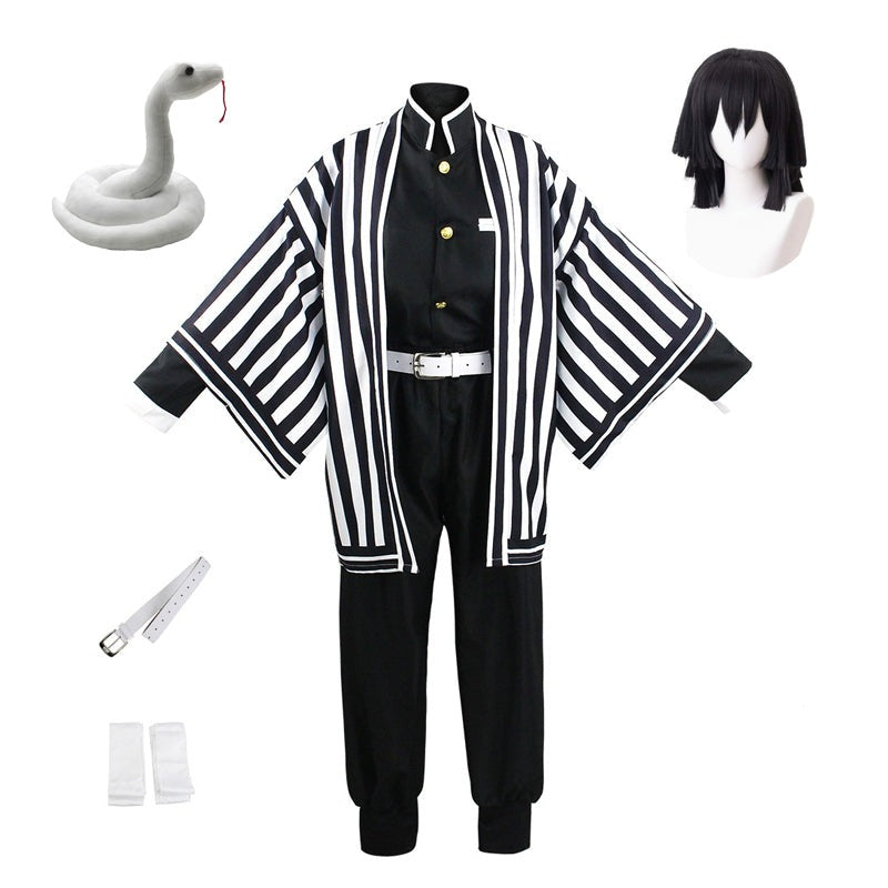 Anime Obanai Iguro Costume With Wigs and Toy Snake Porps Full Set Halloween Cosplay Outfit