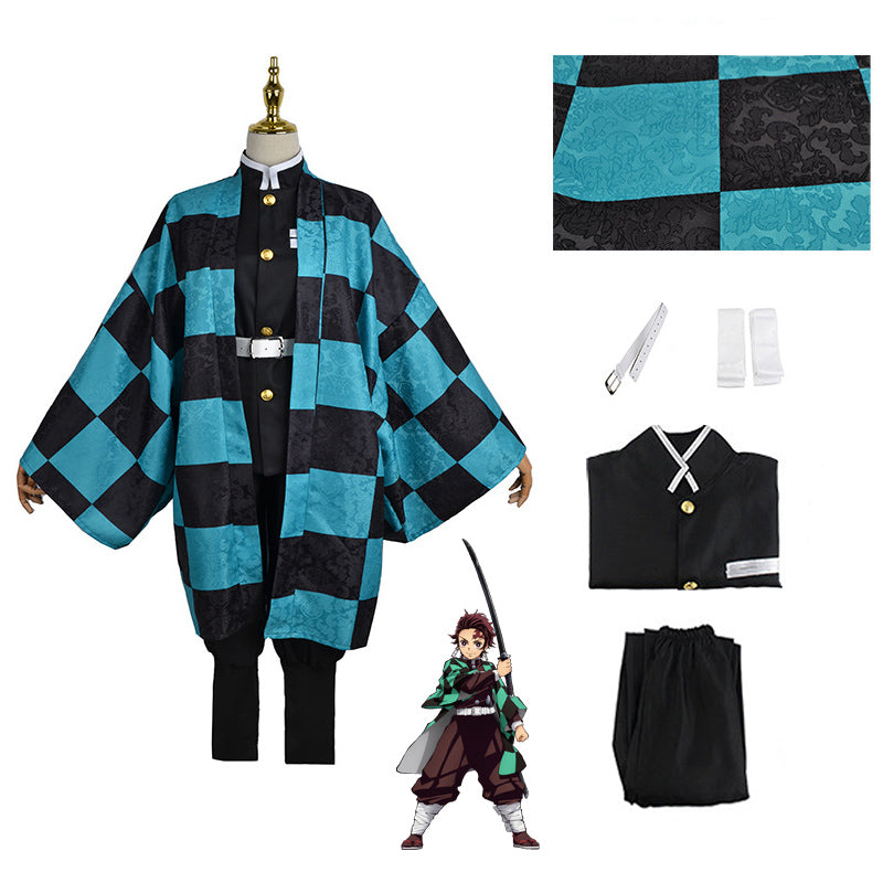 Anime Tanjiro Kamado Full Set Costume With Wigs and Shoes  Deluxe Version Costume Set