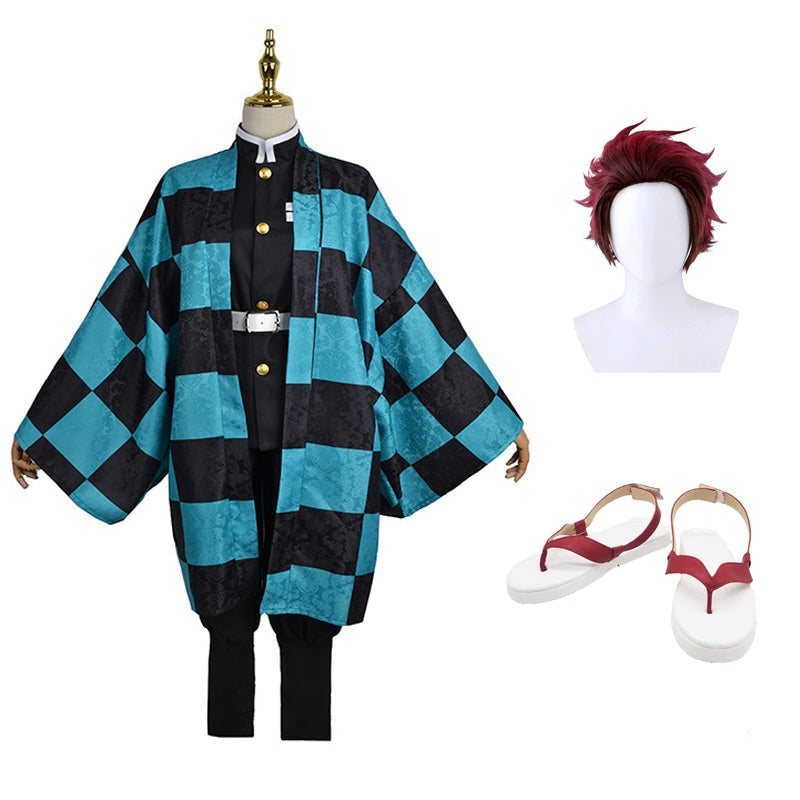 Anime Tanjiro Kamado Full Set Costume With Wigs and Shoes  Deluxe Version Costume Set