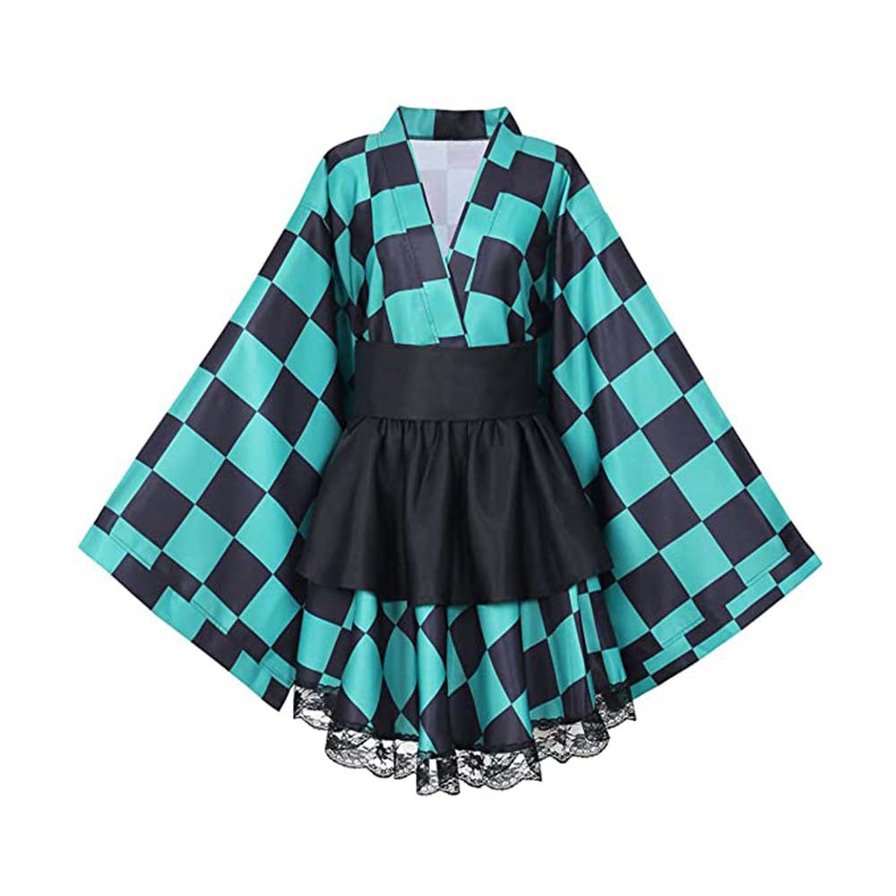 Anime Tanjiro Kamado Female Version Costume Lolita Dress+Long Wigs Full Set Women Girls Halloween Costume