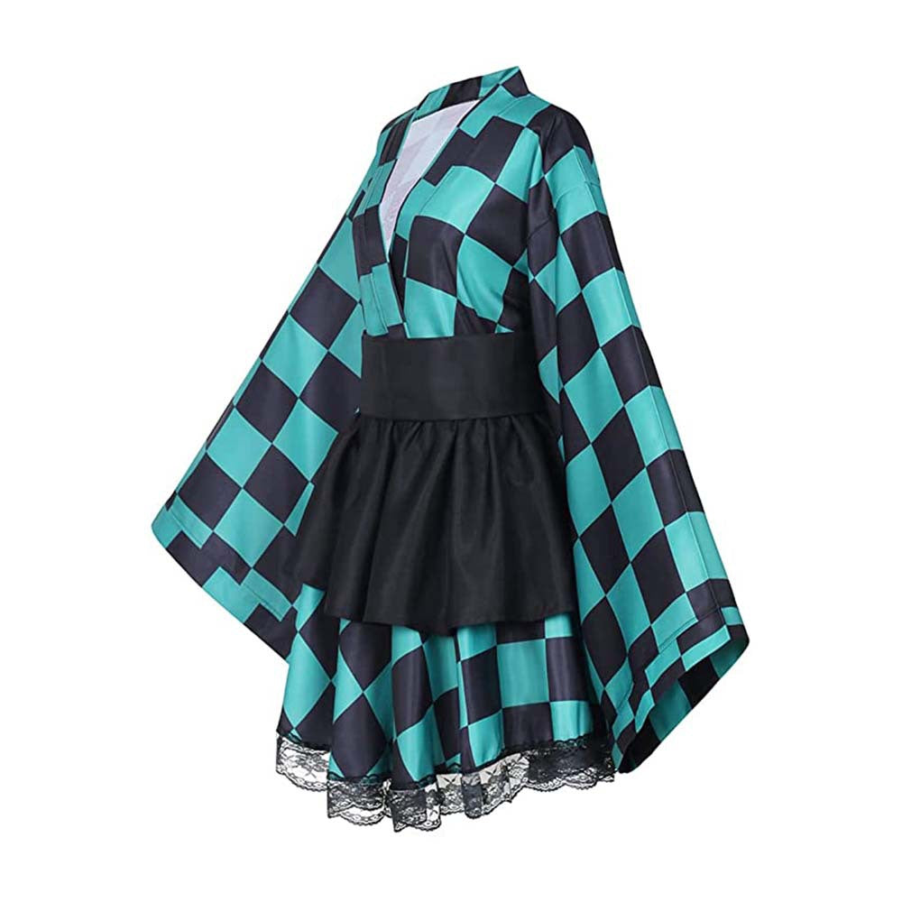 Anime Tanjiro Kamado Female Version Costume Lolita Dress+Long Wigs Full Set Women Girls Halloween Costume