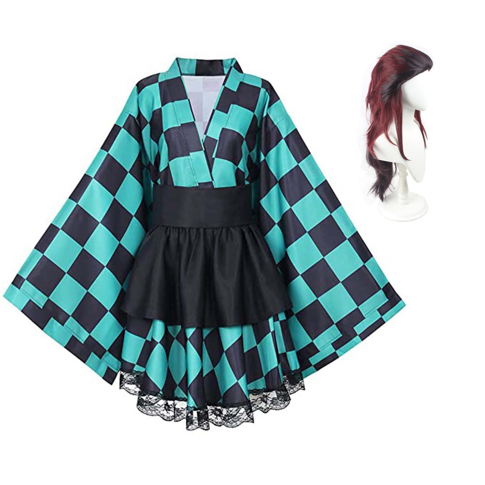 Anime Tanjiro Kamado Female Version Costume Lolita Dress+Long Wigs Full Set Women Girls Halloween Costume