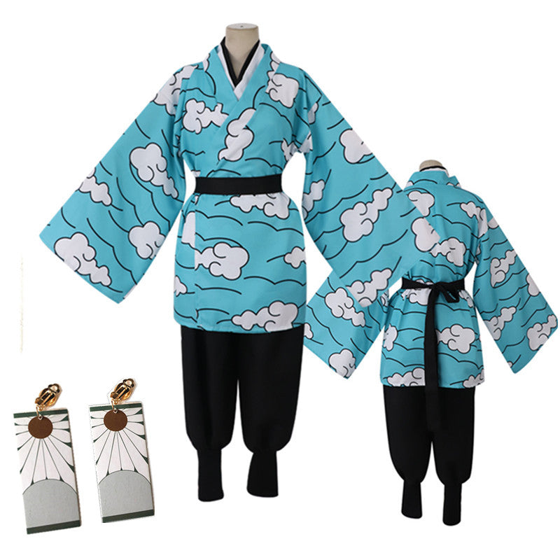 Kids/Adults Anime Tanjiro Kamado Sakonji Urokodaki Cosplay Costume Blue Kimono Outfit