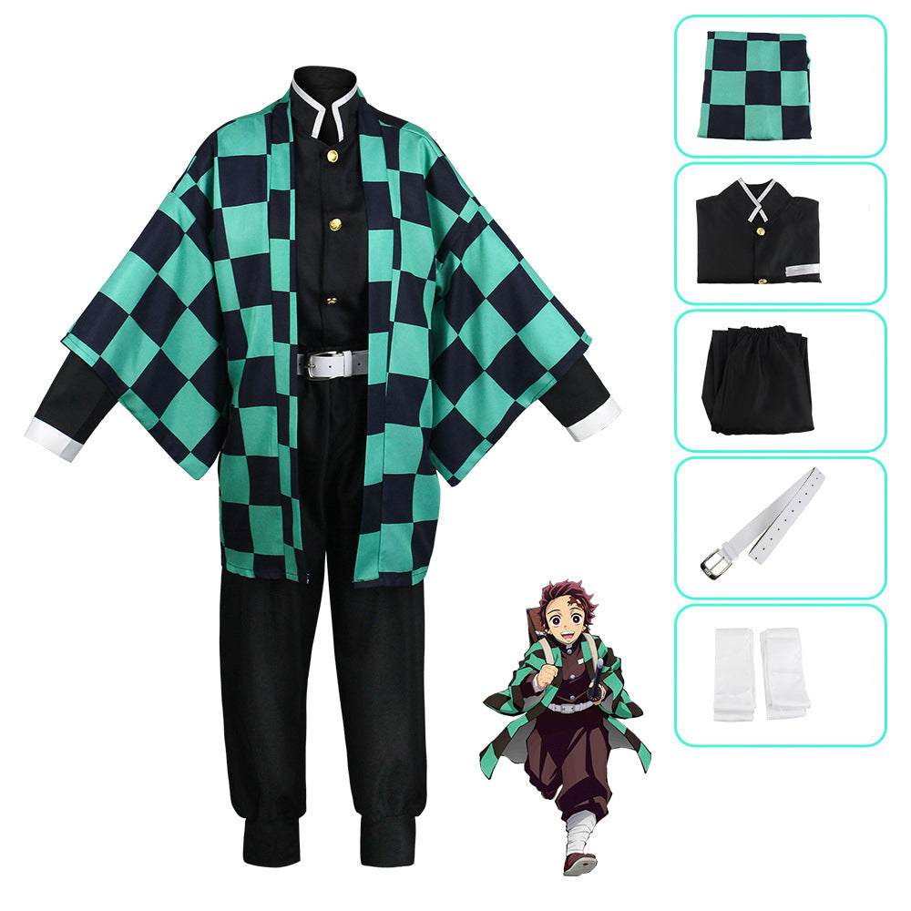 Anime Tanjiro Kamado Whole Set Cosplay Costume+Wigs+Shoes Halloween Cosplay Outfit