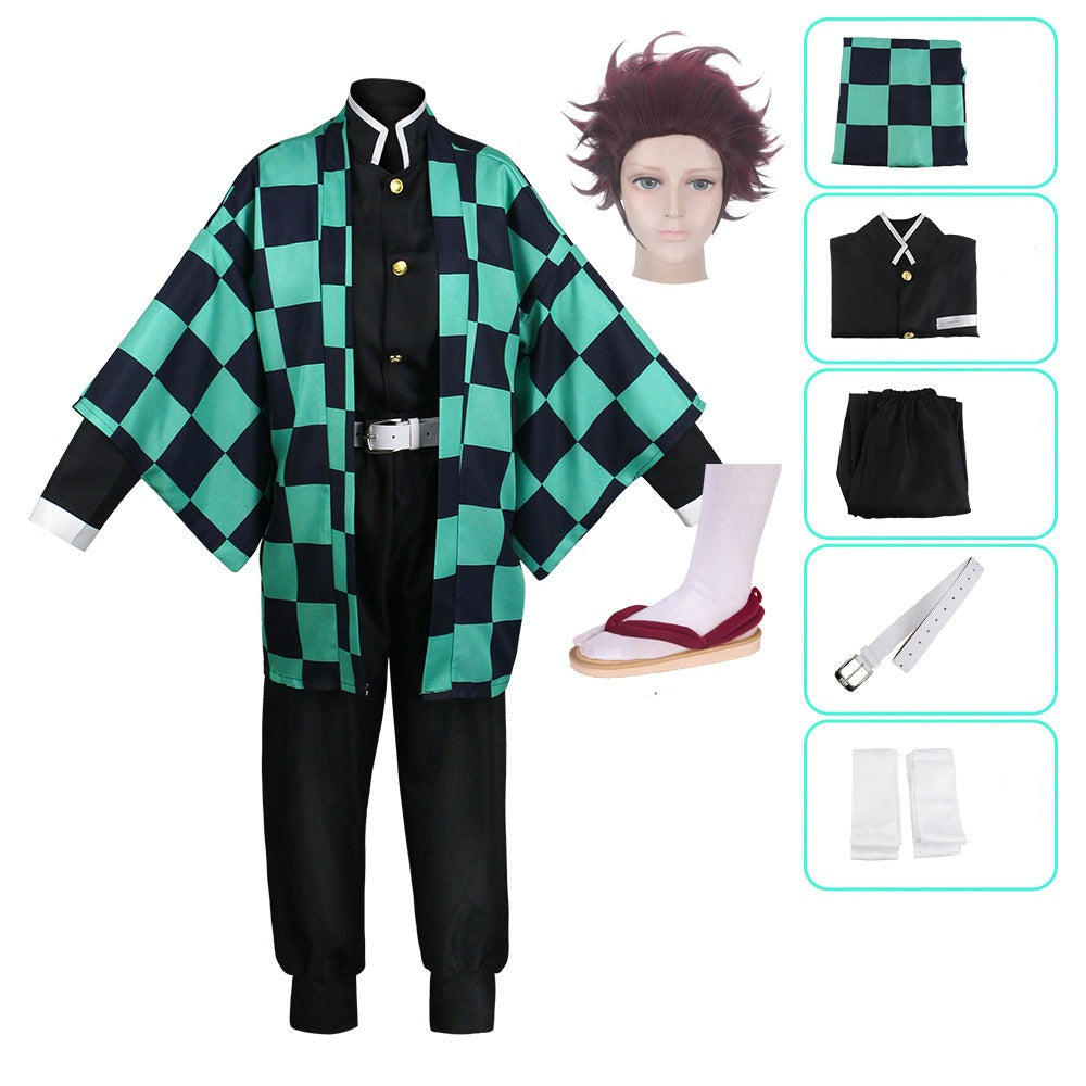 Anime Tanjiro Kamado Whole Set Cosplay Costume+Wigs+Shoes Halloween Cosplay Outfit