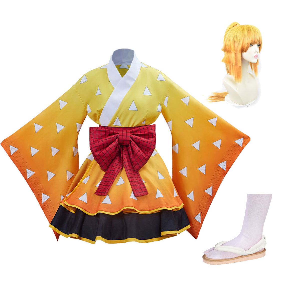 Anime  Zenitsu Agatsuma Female Lolita Dress Costume Dress+Wigs+Shoes Whole Set Halloween Costume