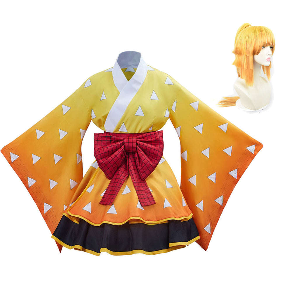 Anime Zenitsu Agatsuma Women Girls Costume Lolita Dress+Wigs Cosplay Outfit