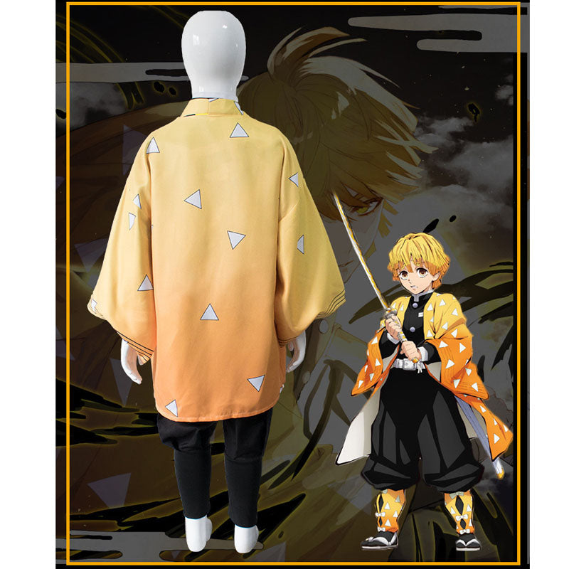 Kids Version Anime Zenitsu Agatsuma Girls Boys Costume With Wigs and Shoes Full Set Halloween Carnival Costume