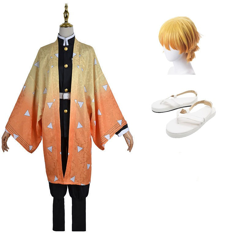 Anime Zenitsu Agatsuma Whole Set Costume With Wigs and Cosplay Shoes Cosplay Outfit Set