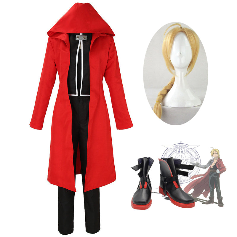 Fullmetal Alchemist Edward Elric Whole Set Costume With Wigs and PU Boots Halloween Carnival Cosplay Outfit Set