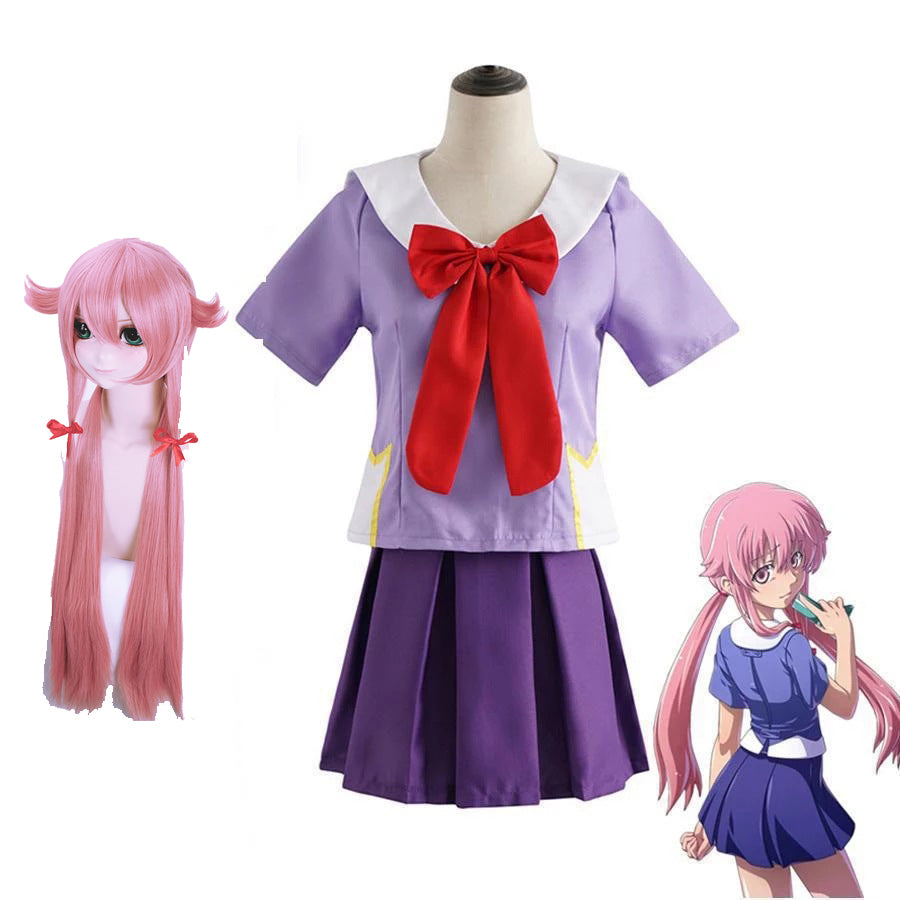 Anime Future Diary Cosplay Yuno Gasai Uniform Costume+Wigs Full Set Halloween Costume Outfit