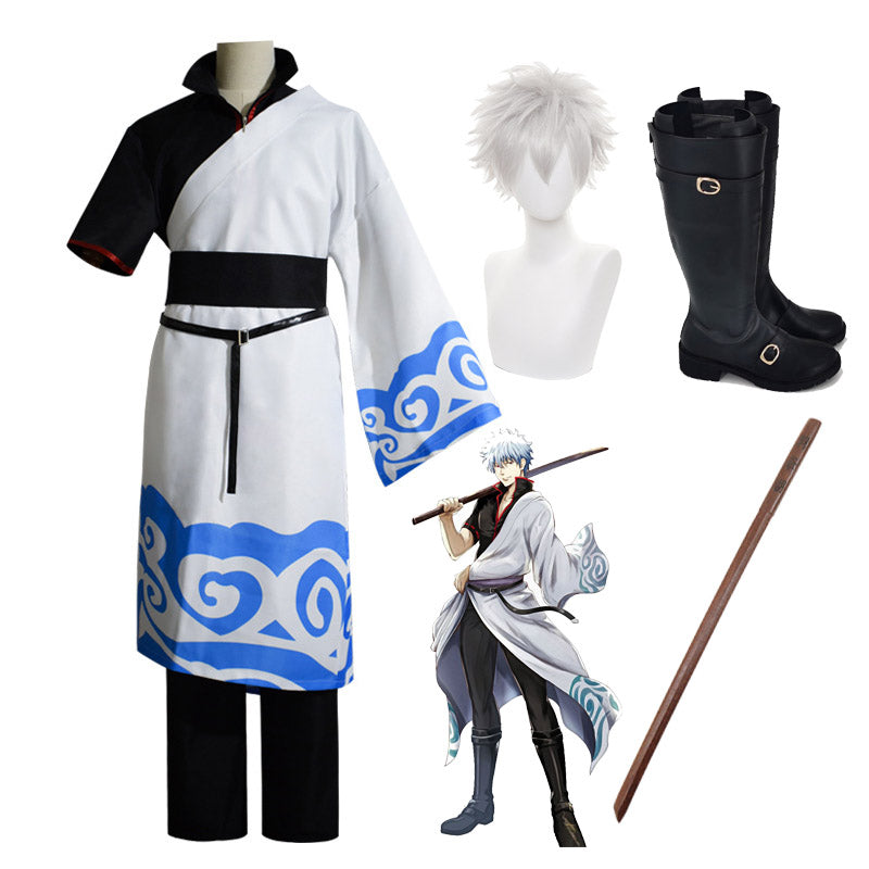 Anime Silver Soul/Gintama Gintoki Sakata Costume Kimono Suit+Wigs+Boots+Weapon Wooded Sword Full Set Cosplay Costume Outfit