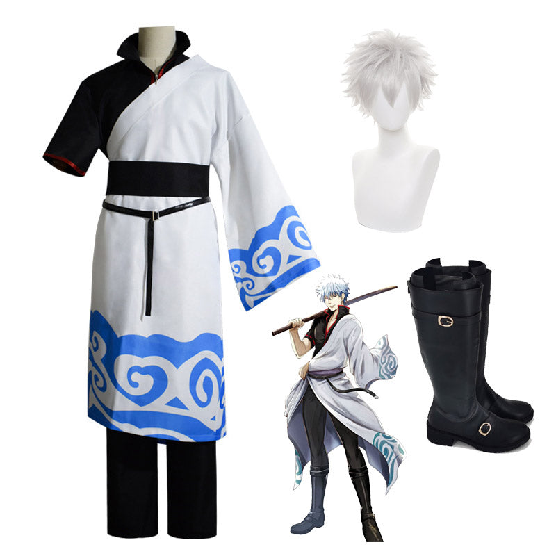 Anime Silver Soul/Gintama Gintoki Sakata Whole Set Costume With Wigs and Shoes Halloween Cosplay Costume Set