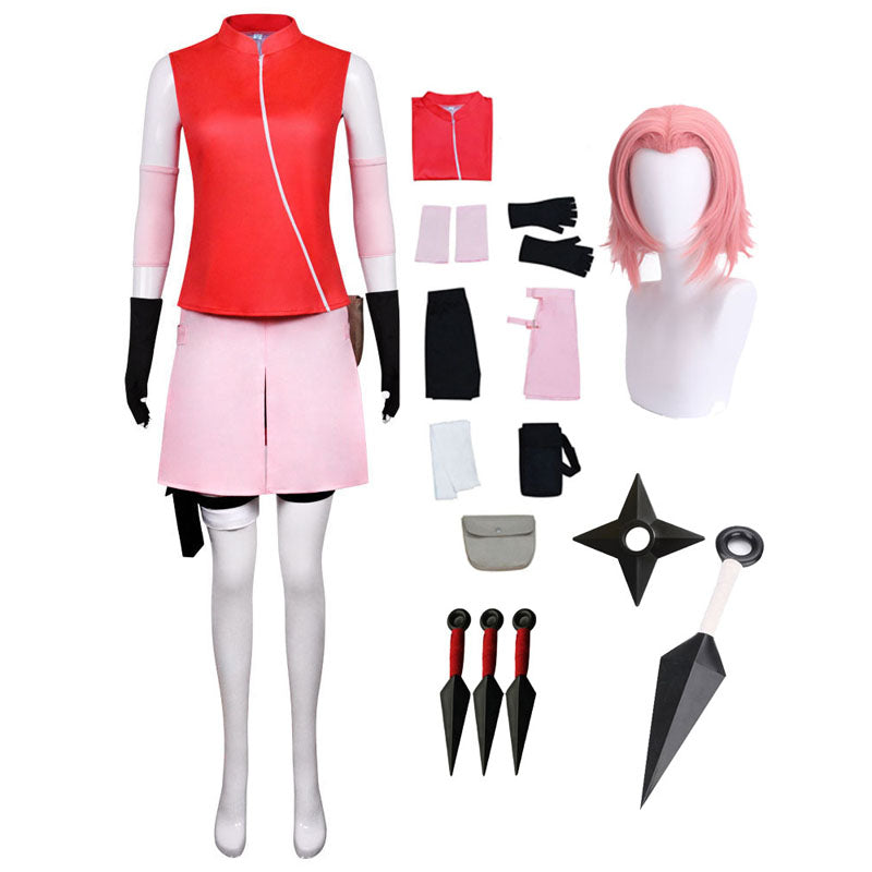 Anime Haruno Sakura 2nd Generation Cosplay Costume Full Set With Props and Wigs
