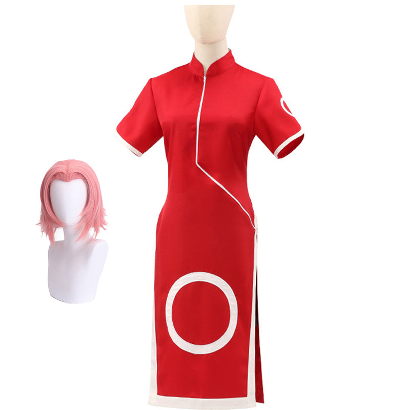 Anime Haruno Sakura Childhood Costume Cheongsam Dress With Wigs and Headband Full Set Cosplay Outfit