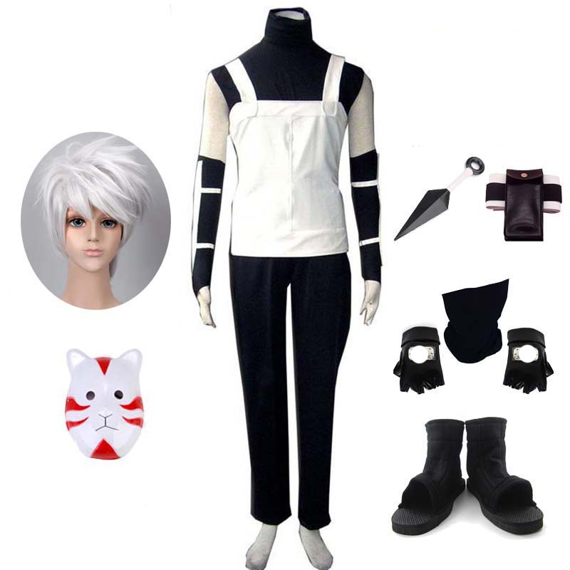 Anime Hatake Kakashi Anbu Costume+Wigs+Mask+Shoes+Gloves+Kunai+Leg Bag Whole Set Halloween Cosplay Outfit Set