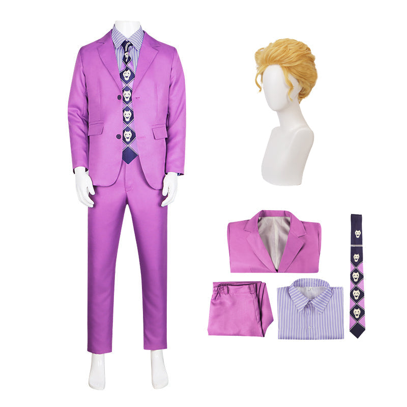 JOJO Yoshikage Kira Purple Suit Costume+ Wigs Halloween Carnival Costume Outfit
