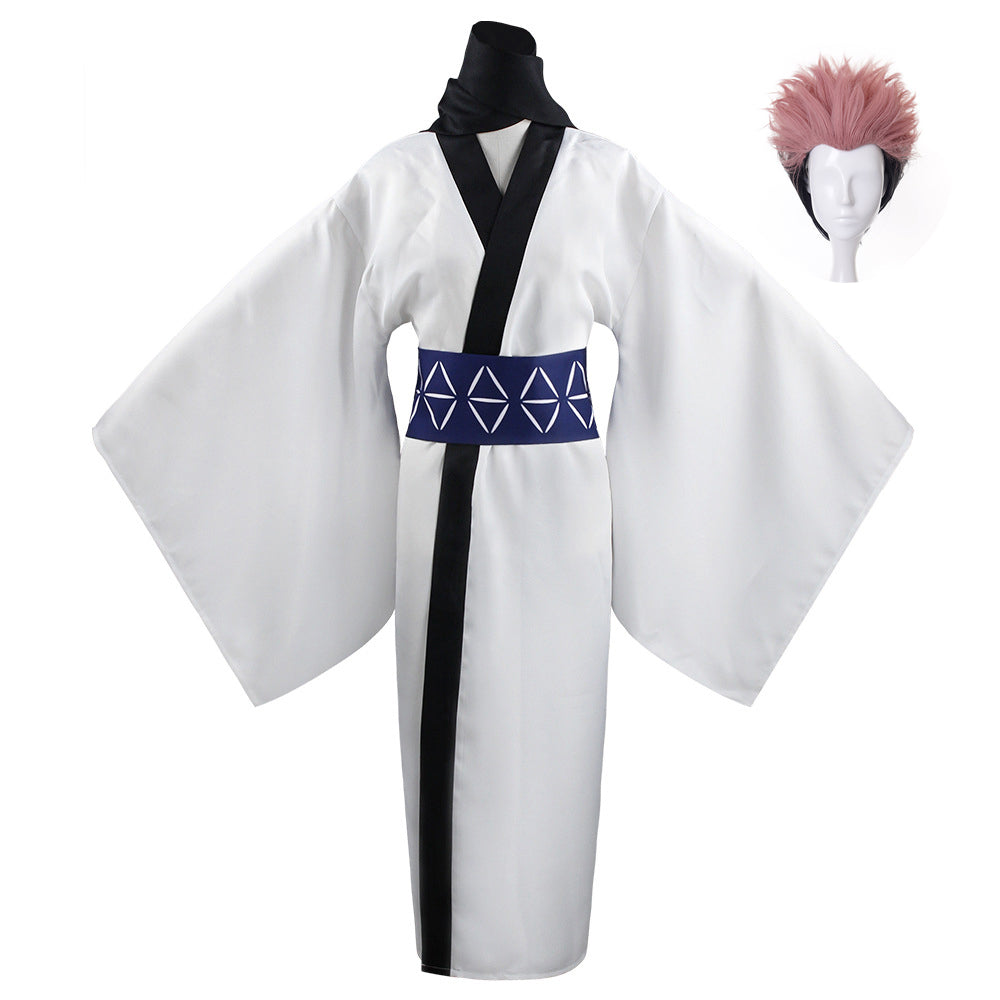 Ryomen Sukuna White Kimono Costume With Wigs Full Set Halloween Cosplay Outfit