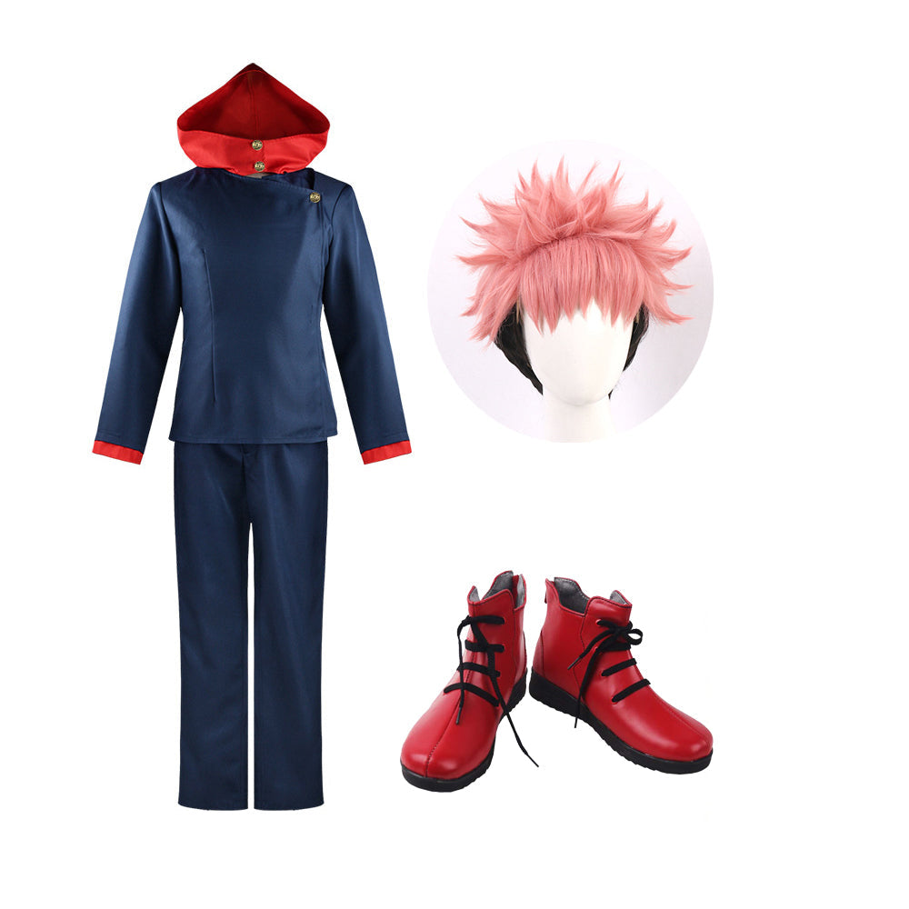 Yuji Itadori Uniform Costume +Wigs+Boots Whole Set Halloween Cosplay Costume Outfit