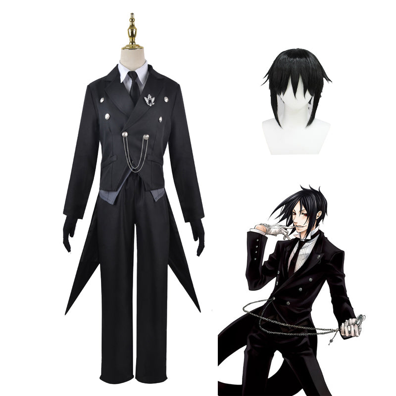 Anime Kuroshitsuji Black Butler Sebastian Michaelis Costume Butler Suit With Wigs Whole Set Halloween Cosplay Outfit
