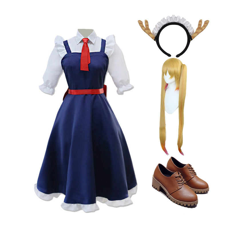 Anime Miss Kobayashi's Dragon Maid Tohru Whole Set Costume Outfit With Wigs and Shoes Halloween Costume