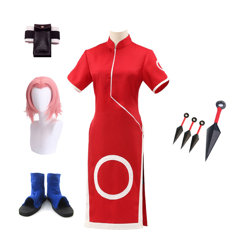 Anime Haruno Sakura Childhood Cheongsam Dress Costume With Wigs Shoes Headband Kunai Whole Set Cosplay Costume Outfit