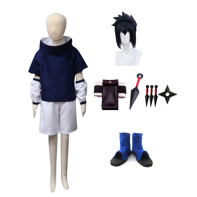 Sasuke Childhood Blue Costume+Wigs+Shoes+Accessories Whole Set Cosplay Costume Outfit For Kids and Adults