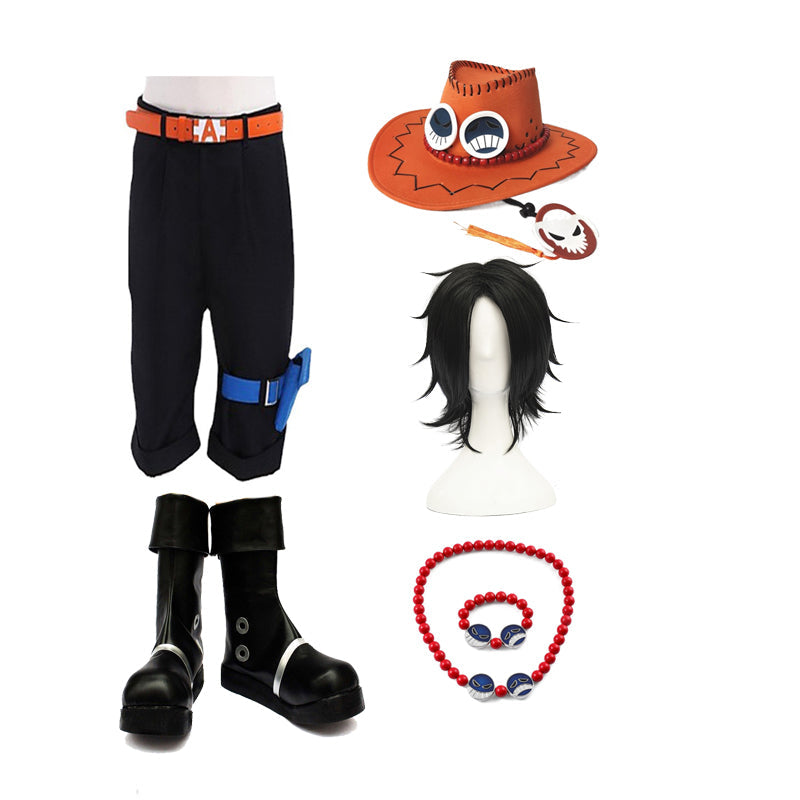 Anime One Piece Fire Fist Portgas D. Ace Full Set Cosplay Costume Outfit With Wigs and Boots Halloween Costume Set
