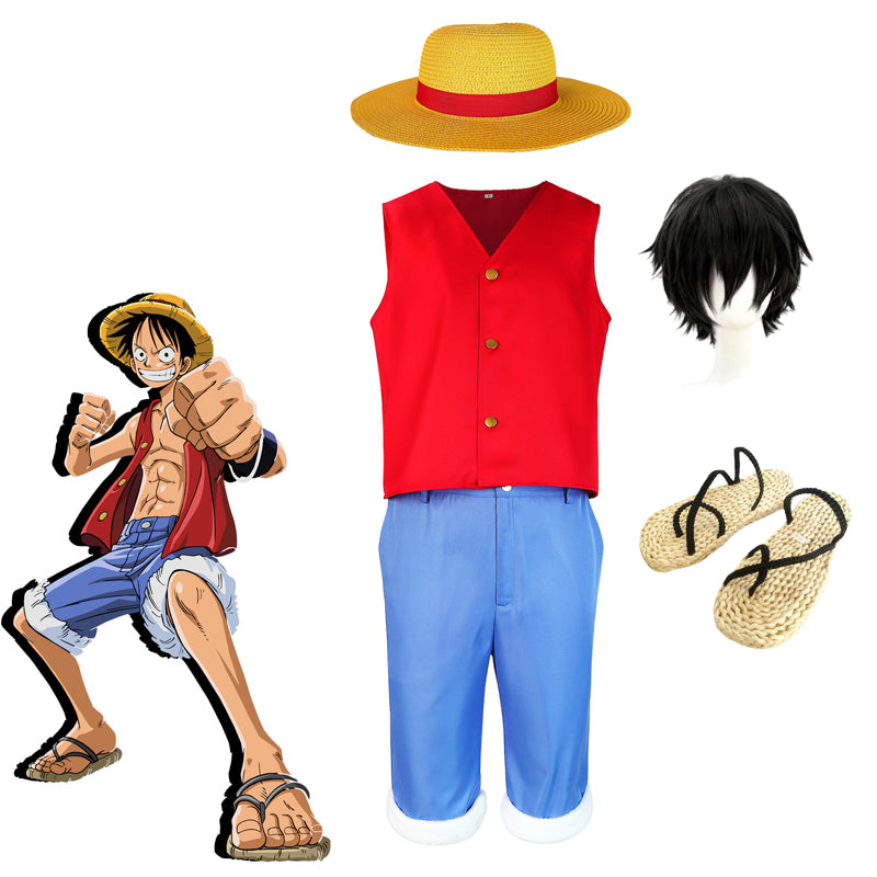 Anime One Piece Monkey D. Luffy Initial Costume With Wigs Hat and Shoes Full Set Halloween Carnival Cosplay Outfit