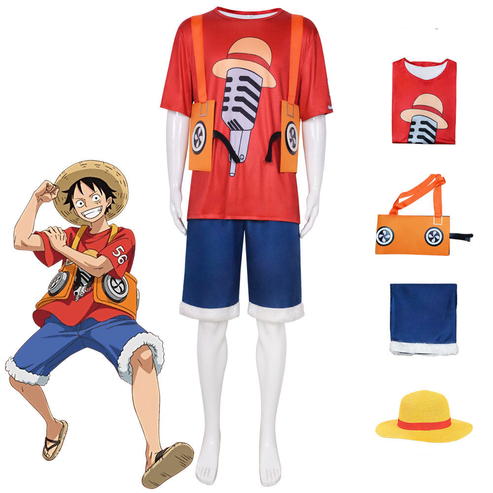 Anime One Piece Movie Red Straw Hat Monkey D. Luffy Costume Outfit With Hat Full Set For Kids and Adults