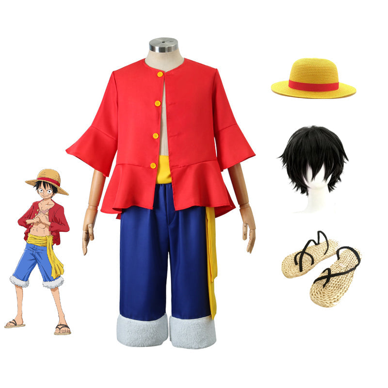 Anime One Piece Straw Hat Monkey D. Luffy Classic Costume With Hat and Straw Shoes Full Set Cosplay Outfit