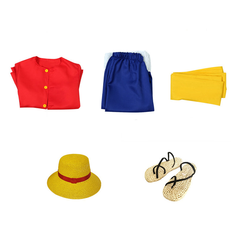 Anime One Piece Straw Hat Monkey D. Luffy Classic Costume With Hat and Straw Shoes Full Set Cosplay Outfit