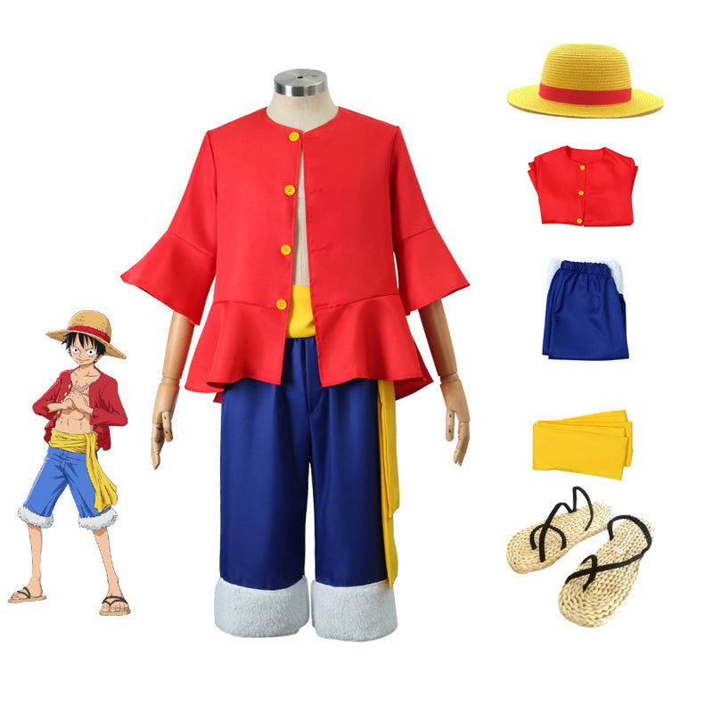 Anime One Piece Straw Hat Monkey D. Luffy Classic Costume With Hat and Straw Shoes Full Set Cosplay Outfit