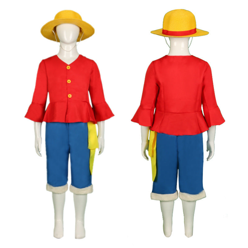 Anime One Piece Straw Hat Monkey D. Luffy Kids Costume With Hat Boys Girls Cosplay Outfit