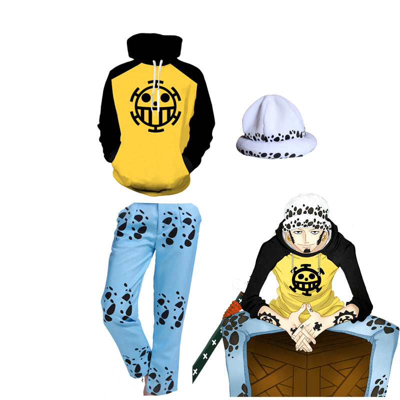 Anime One Piece Trafalgar Law Costume Before the Timeskip Hoodie Pants and Hat Full Set Cosplay Outfit