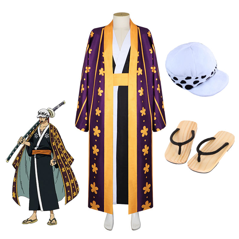 Anime One Piece Wano Country Arc Trafalgar Law Costume Full Set Kimono Suit With Hat and Shoes Cosplay Outfit Set
