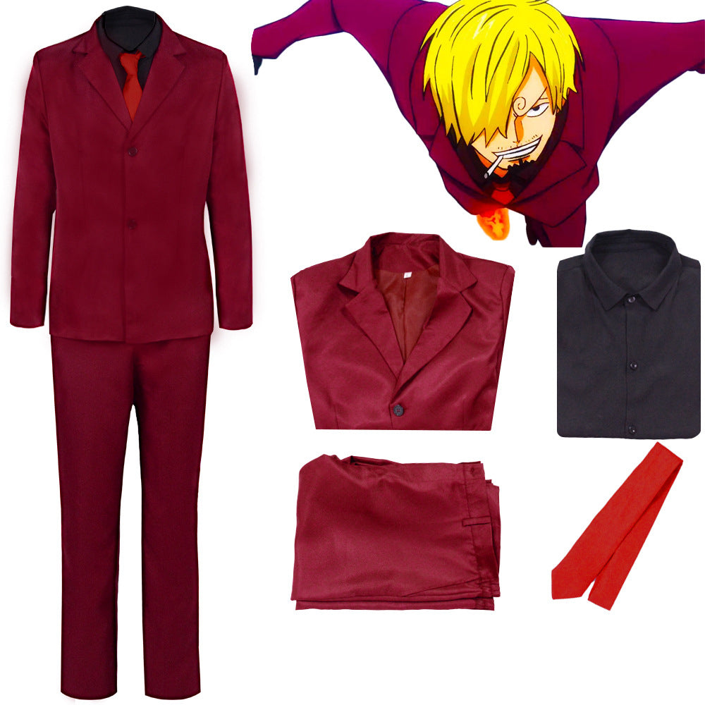 Anime One Piece Wano Country Arc Vinsmoke Sanji Red Suit Cosplay Outfit Halloween Costume Suit
